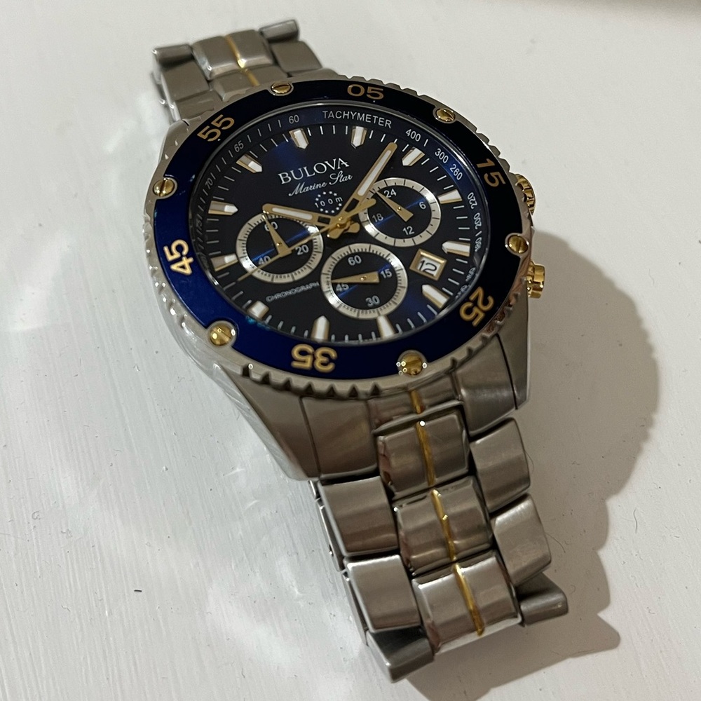 Bulova Men’s Watch 98B400 Marine Star Quartz Chronograph 41mm Two Tone Blue Dial